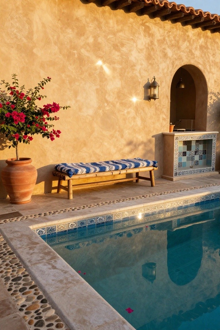 Small turquoise pool with pebble and tile edging next to a beige stucco wall, wooden bench with blue striped cushions, terracotta pot of red bougainvillea, and arched outdoor bar area.