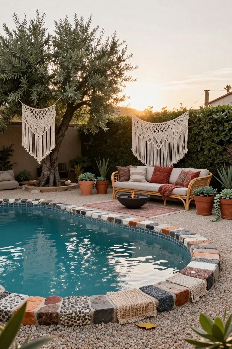 Curved turquoise pool edged with colorful mosaic tiles and stones in a gravel backyard, with rattan sofa, pillows, fire pit on rug, macrame hangings on olive tree and fence, potted succulents at sunset.