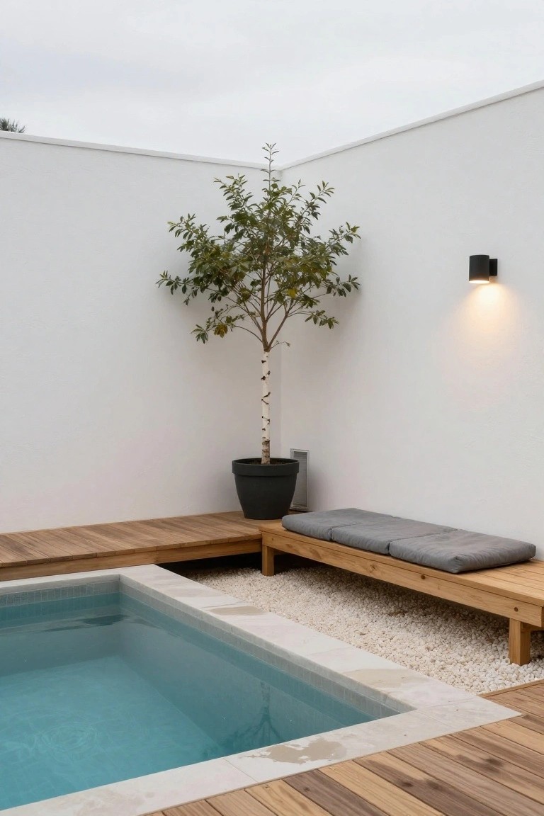 Small turquoise-tiled pool in a corner with white walls, L-shaped wooden benches with gray cushions, black potted birch tree, black wall light, and white pebble ground cover.