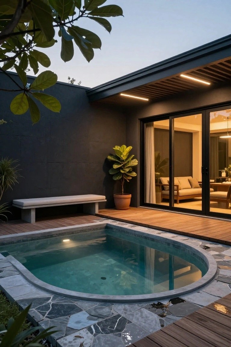 Small curved turquoise pool on a wooden deck next to black sliding glass doors into a living room with sofa and plants, concrete bench and potted ficus against dark textured wall, greenery around at dusk.