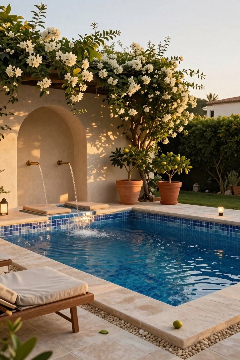 Small rectangular blue mosaic-tiled plunge pool with water flowing from two brass wall-mounted spouts on a beige stucco arched wall, wooden lounger chair beside it, potted lemon trees, white flowering vines overhead, lanterns, and garden hedges at dusk.