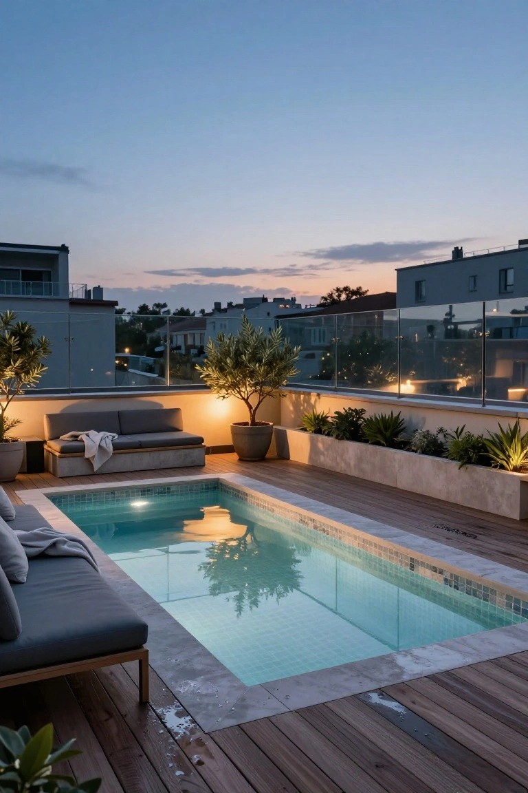Rooftop terrace at dusk with small rectangular pool lit from below, surrounded by light wood decking, low gray sofa with white throw, potted olive trees, and glass balustrade overlooking buildings.