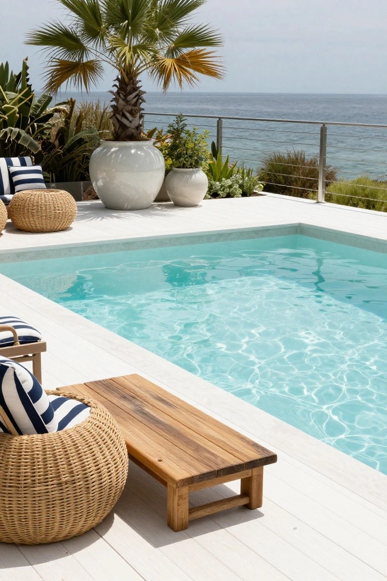 Small rectangular pool on a white deck terrace overlooking the ocean, with woven lounge chairs, striped pillows, wooden bench, large white pots, green plants, palm trees, and metal railing.