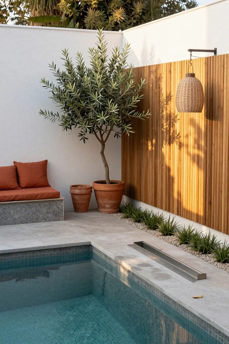 Small turquoise mosaic-tiled pool in backyard corner with built-in concrete bench topped by orange cushions, potted olive tree, two terracotta pots, wooden slat fence, hanging rattan lantern, and low green plants along gray pavers.