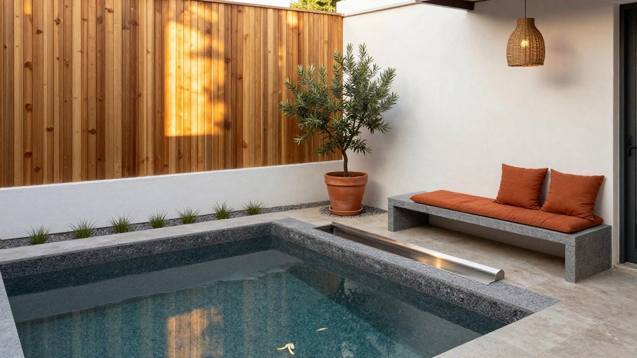 Small turquoise mosaic-tiled pool in backyard corner with built-in concrete bench topped by orange cushions, potted olive tree, two terracotta pots, wooden slat fence, hanging rattan lantern, and low green plants along gray pavers.