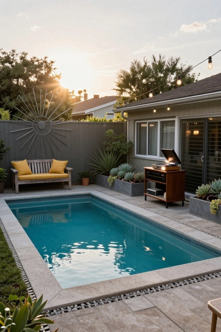 Small rectangular turquoise plunge pool in a compact backyard with gray fence, yellow bench, wooden record player cart, succulents in planters, string lights, and sunset sky.