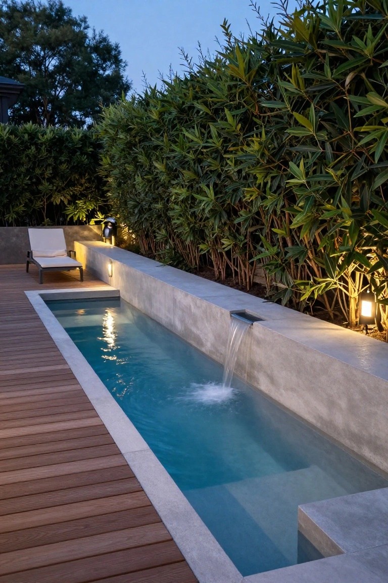A narrow rectangular pool with a waterfall flowing from a concrete wall into the turquoise water, bordered by wooden decking, flanked by tall green hedges, and illuminated by wall-mounted lamps at dusk.