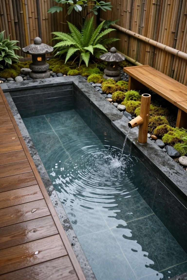 Narrow rectangular outdoor pool with teal water rippling from a bamboo fountain spout, edged in black stone tiles and surrounded by moss, rocks, ferns, stone lanterns, bamboo fencing, and a wooden bench on a wooden deck.