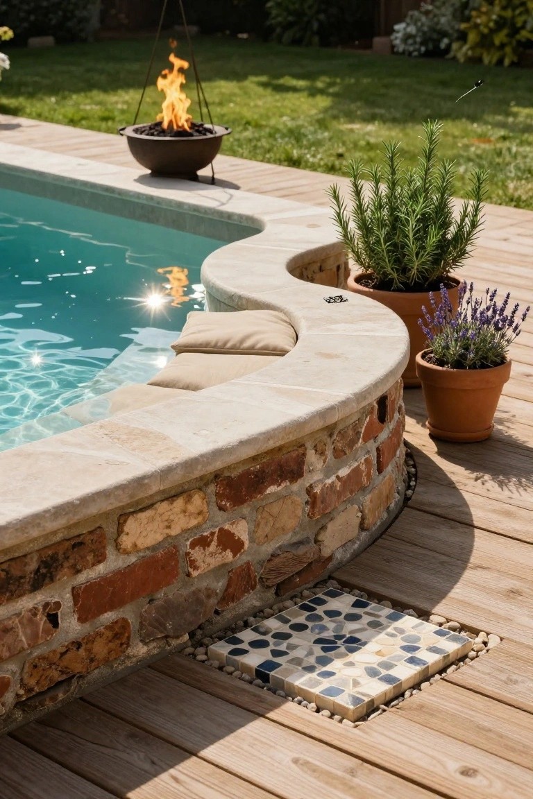 Curved turquoise pool edged in beige stone with beige cushions for seating, brick wall backing, potted rosemary and lavender plants, hanging fire bowl, and blue mosaic tile on wooden deck.