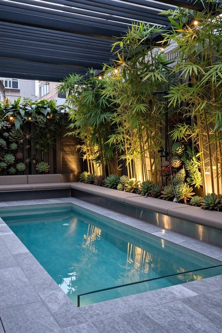 Small rectangular turquoise plunge pool with gray tiled surround and built-in beige bench seating along two sides, flanked by bamboo plants, succulents, string lights overhead, and uplighting against a dark fence.