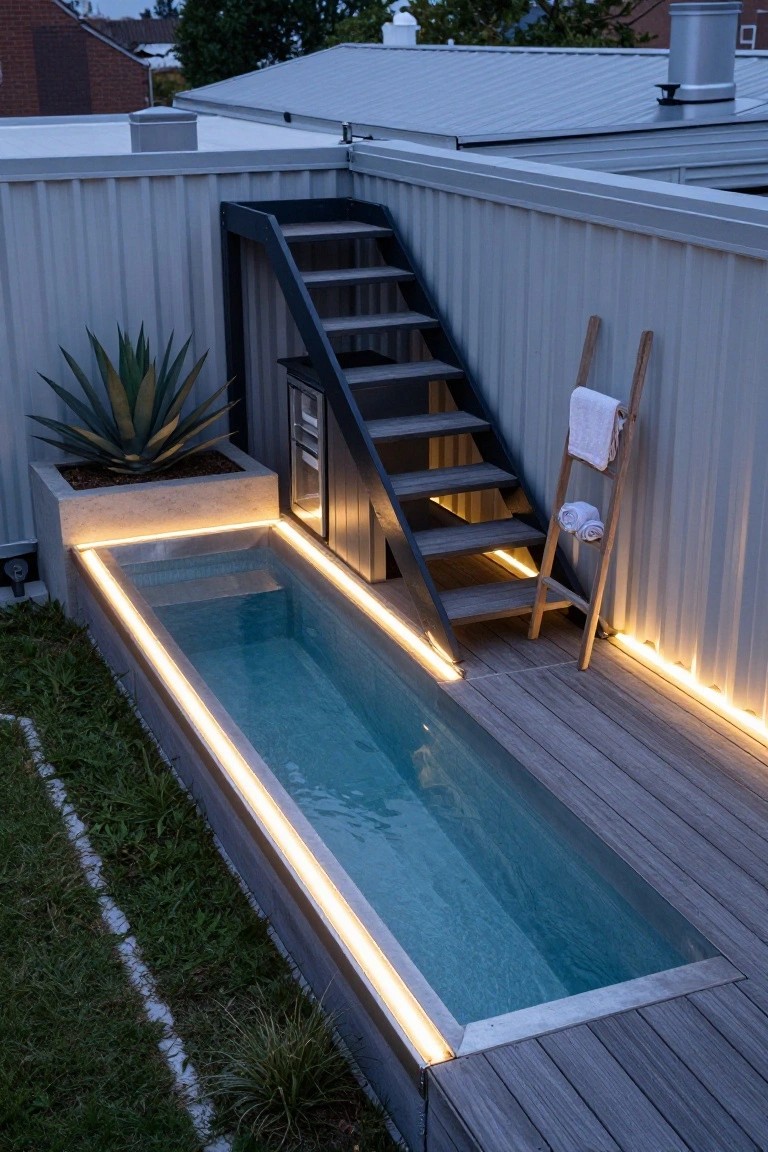 A narrow rectangular pool with clear blue water and LED strip lighting along the edges, set into a wooden deck in a fenced backyard with stairs, an agave plant in a concrete pot, and a wooden ladder nearby.