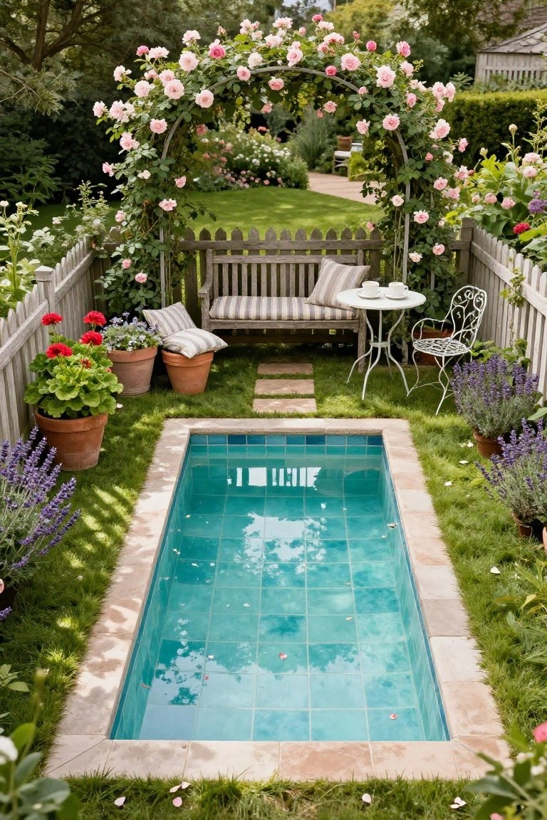 Small rectangular turquoise-tiled plunge pool in a compact garden with grass borders, wooden bench seating, white bistro table and chair, rose-covered arch, and potted flowers including lavender and geraniums.