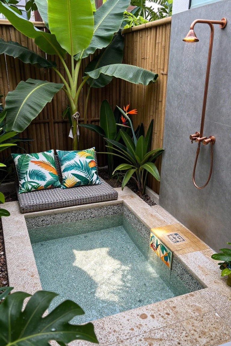 Small turquoise-tiled plunge pool in an enclosed backyard with tropical plants, bamboo fencing, copper outdoor shower, and cushioned bench on a tiled edge.