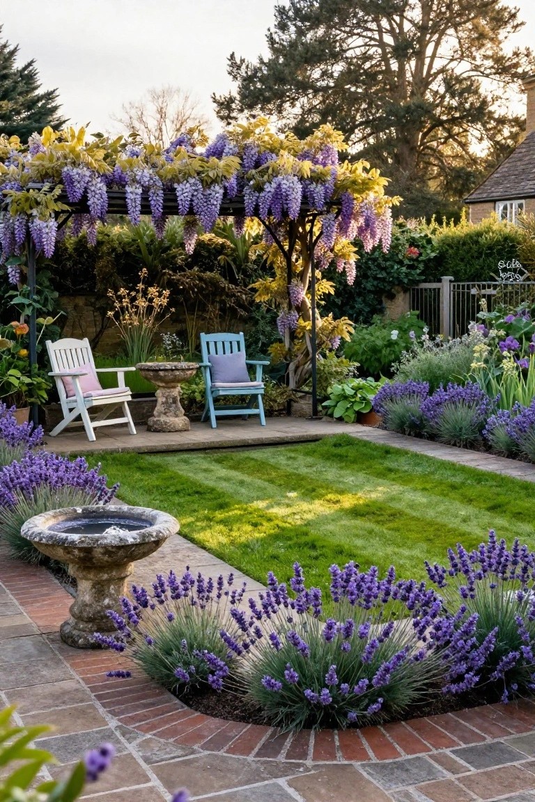 A small outdoor patio with two white and turquoise Adirondack chairs under a metal pergola draped in yellow and purple wisteria blooms, flanked by lavender borders along brick pavers and a rectangular green lawn.