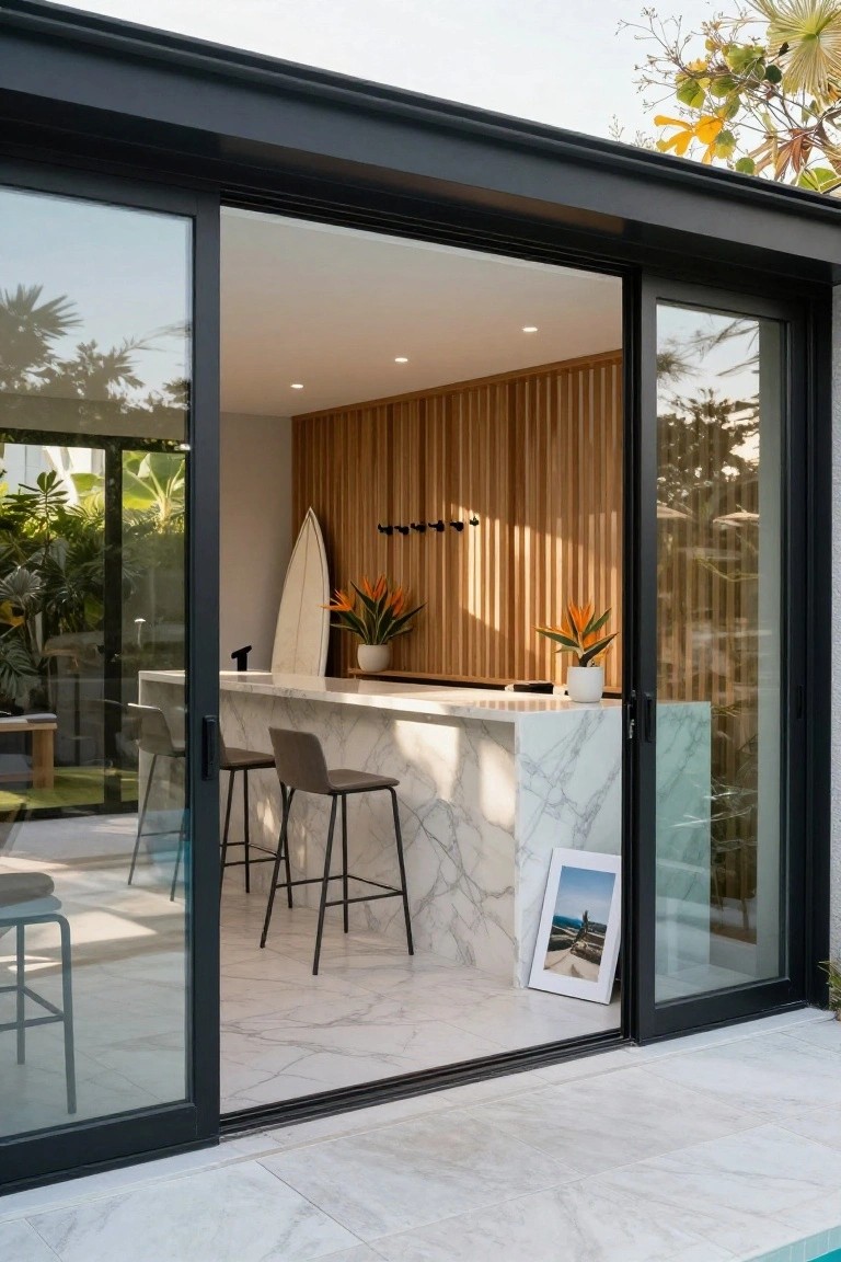 Open sliding glass doors reveal a pool house interior with a white marble bar counter, two gray stools, vertical wood slat wall, white surfboard on black hooks, tropical plants, and pool deck outside.
