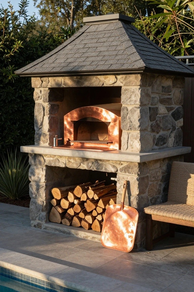 Stone outdoor pizza oven with copper dome and door on a raised base with wood storage below, copper peel leaning nearby, beside a pool patio and bench surrounded by landscaping.