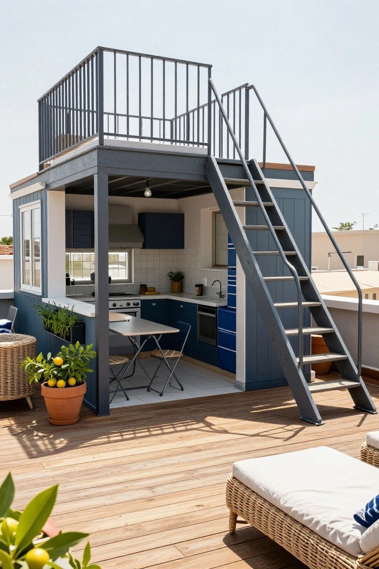 Small open-sided kitchen pavilion in navy and gray on a wooden rooftop deck with metal stairs to an upper balcony, lounge chairs, potted plants, and lemon tree nearby.