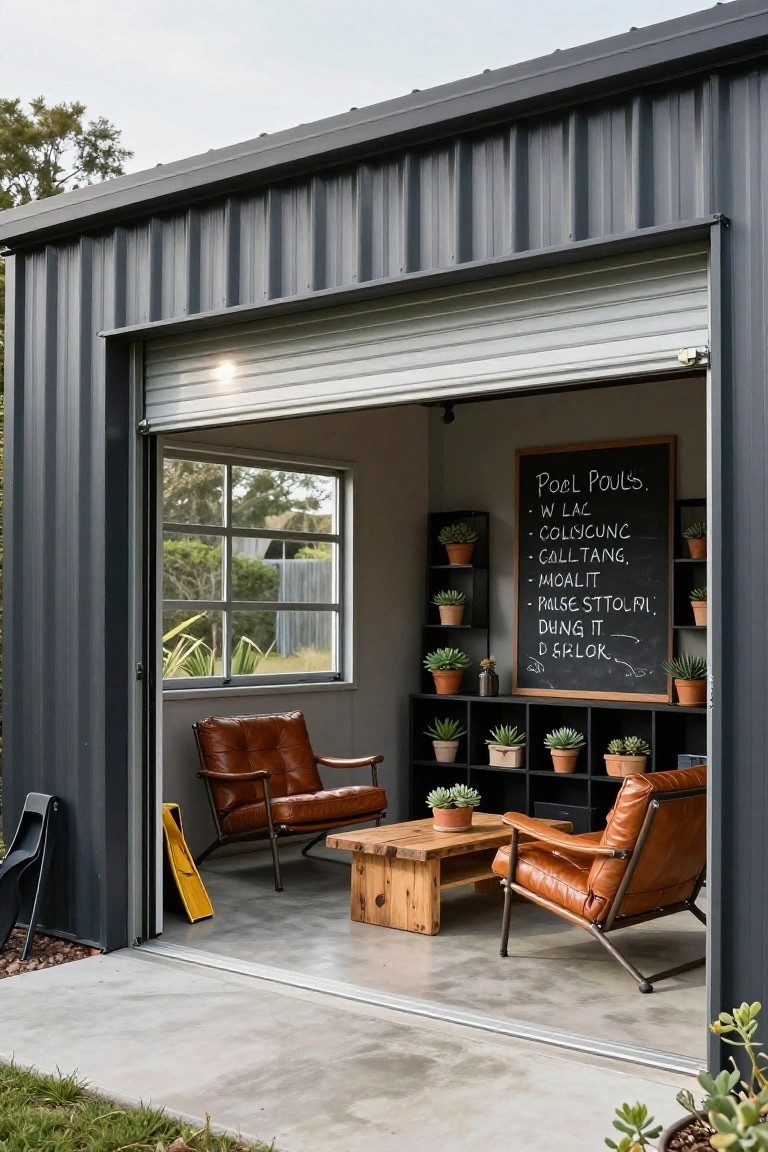 Gray metal shed with open roller door revealing interior lounge area including two tan leather armchairs around a wooden coffee table, potted succulents on black shelves, and a chalkboard sign next to a window, with concrete floor and grass outside.