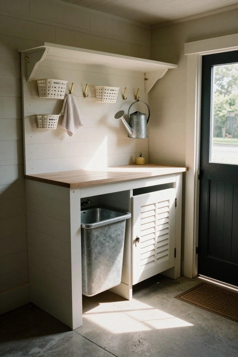 White shiplap wall with wooden countertop cabinet containing a galvanized metal sink and trash bin, wire baskets and hooks above, metal watering can hanging, and black door to the side.