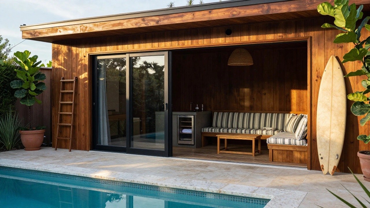 Wooden pool house cabana with open sliding doors next to a swimming pool, showing interior bench seating, storage shelves, hanging towel, surfboard, potted plant, and concrete counter with mini fridge.