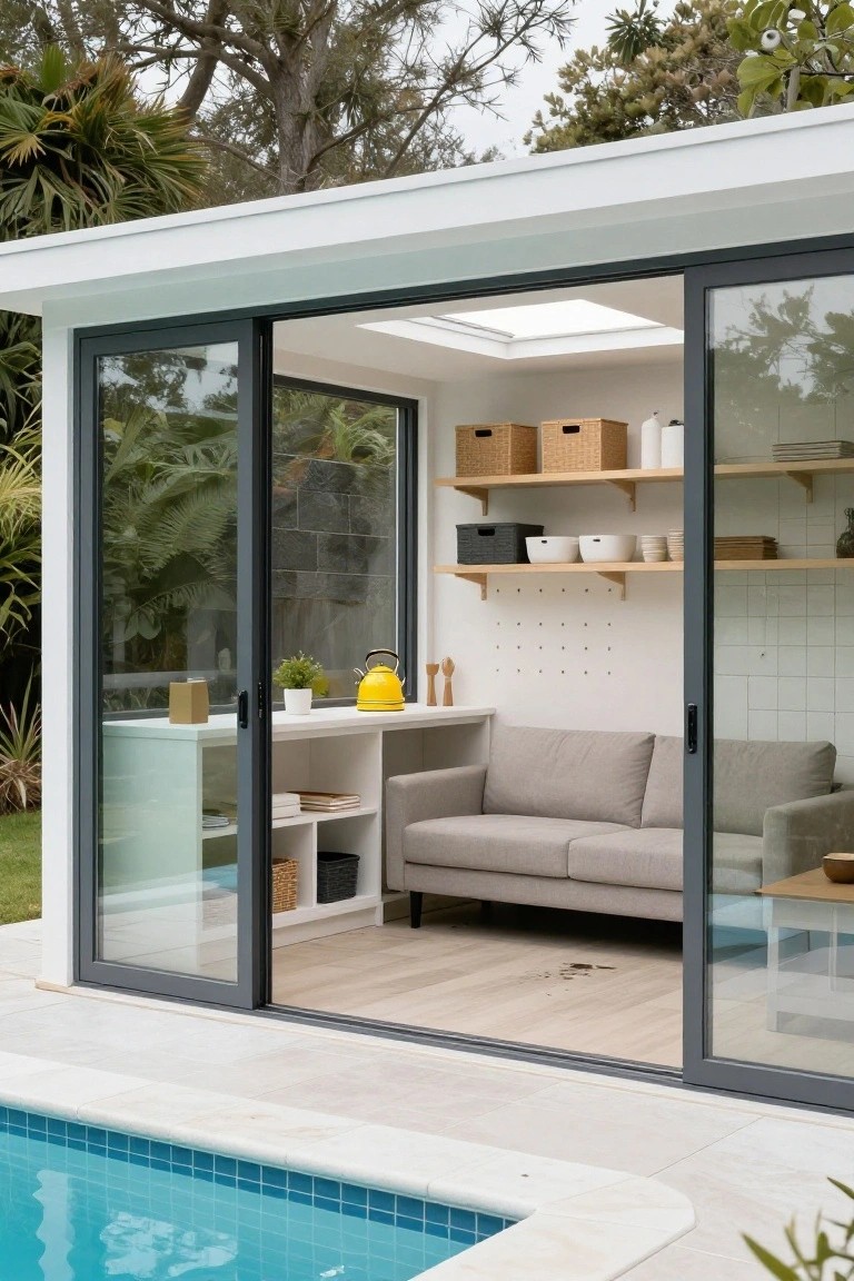 Pool house structure with large open black-framed sliding glass doors revealing interior with gray sofa, white shelves stocked with baskets and dishes, yellow kettle on counter, beside tiled pool edge with surrounding greenery.