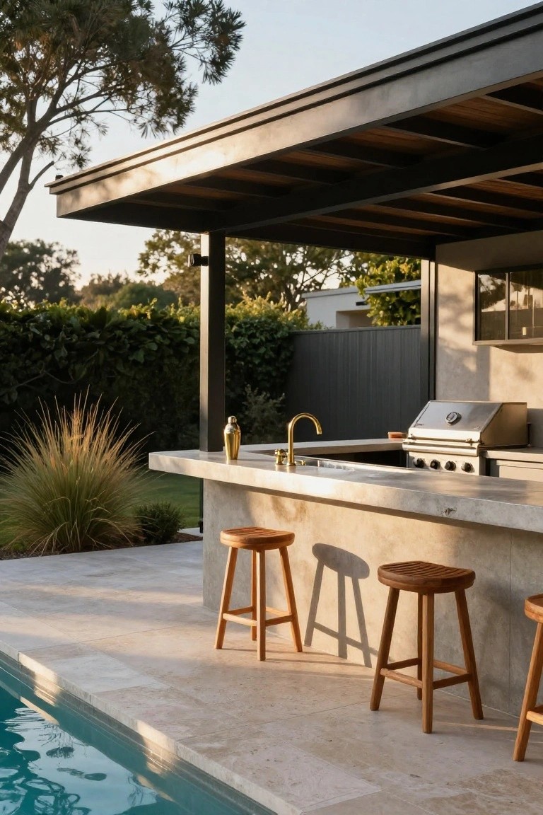 Outdoor covered bar counter with concrete top, built-in stainless steel grill and gold faucet sink, three wooden stools, potted plants nearby, adjacent to a pool with travertine pavers and landscaping.