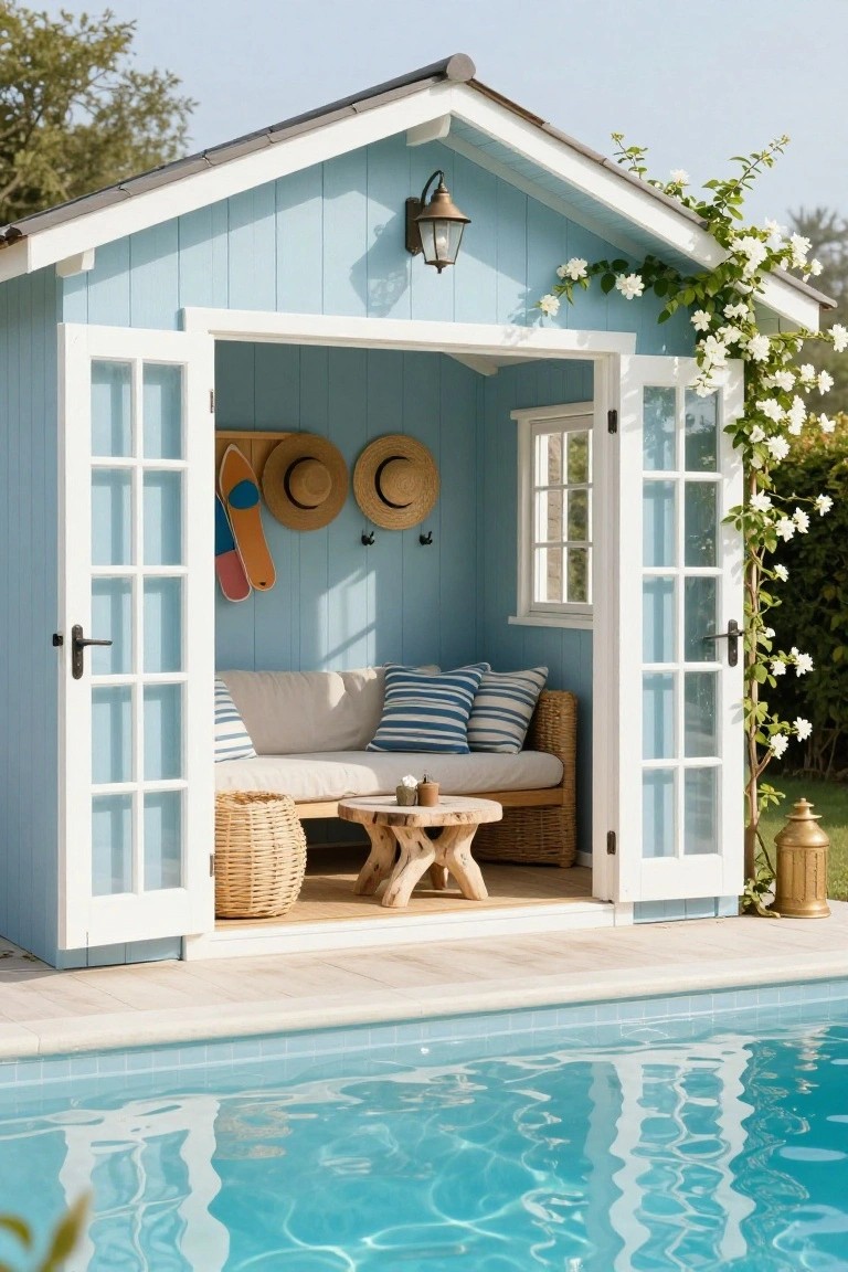 Light blue wooden pool house with white French doors standing open to show interior beige sofa with blue cushions, woven basket, low wooden table, surfboard and straw hats on wall, climbing white flowers on one side, next to turquoise swimming pool on tiled deck.