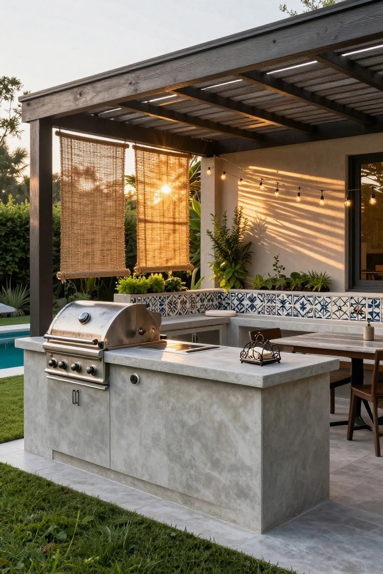 Outdoor kitchen island with built-in stainless steel grill on gray concrete countertop under wooden pergola, featuring blue tiled backsplash, potted plants, string lights, and adjacent swimming pool with grass lawn.