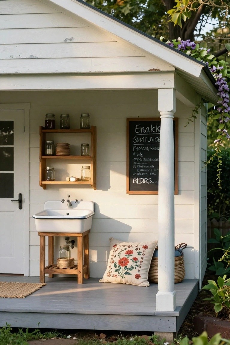 Small white clapboard shed with covered porch, white farmhouse sink on wooden stand, wooden shelves holding jars and dishes, chalkboard sign on wall, pillows and basket on gray deck, climbing plants and greenery around.