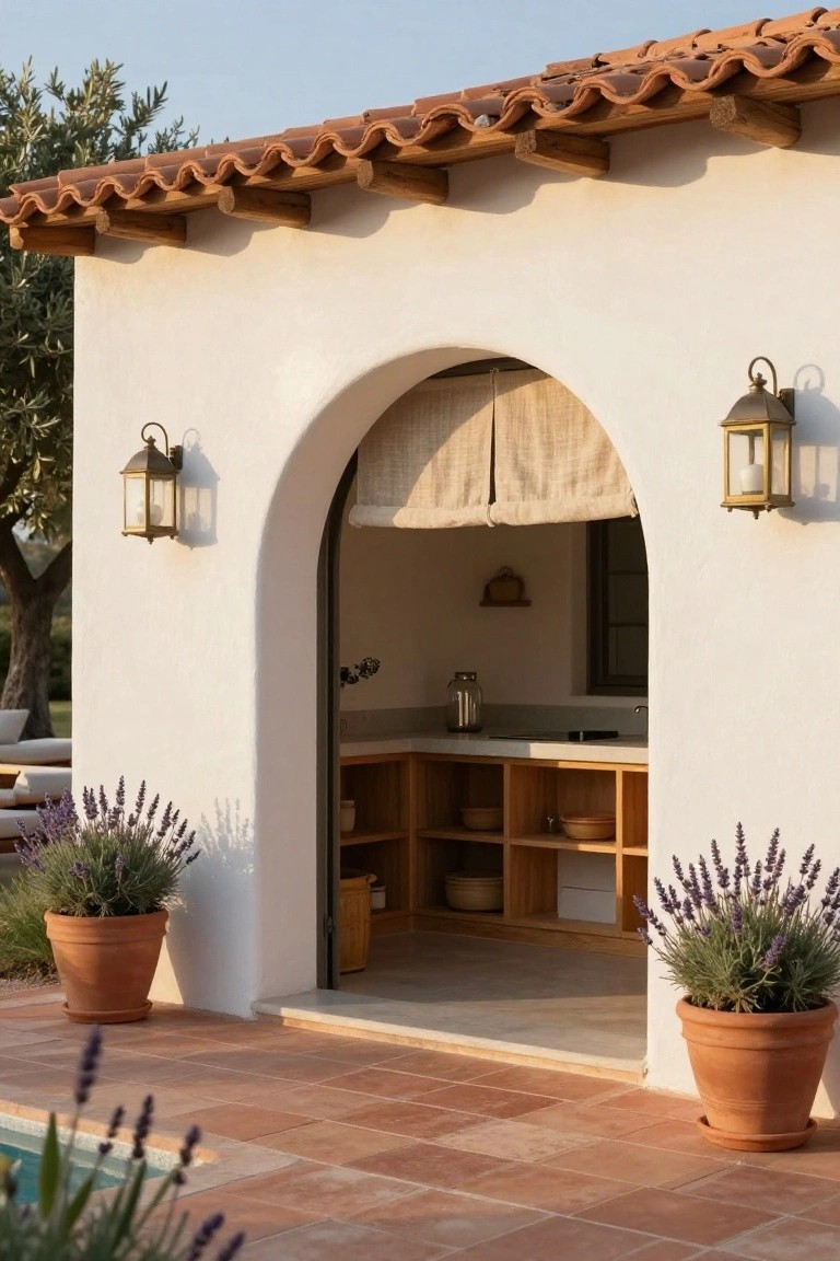 White stucco pool house exterior with terracotta tile roof, open arched doorway revealing wooden counters and shelves inside, flanked by wall lanterns and large terracotta pots of lavender on a terracotta tiled patio beside a pool.