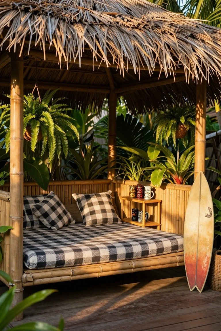 Bamboo pavilion with thatched roof on a wooden deck, featuring a checkered daybed, tropical plants, tiki mugs on a shelf, and a surfboard leaning against the side.