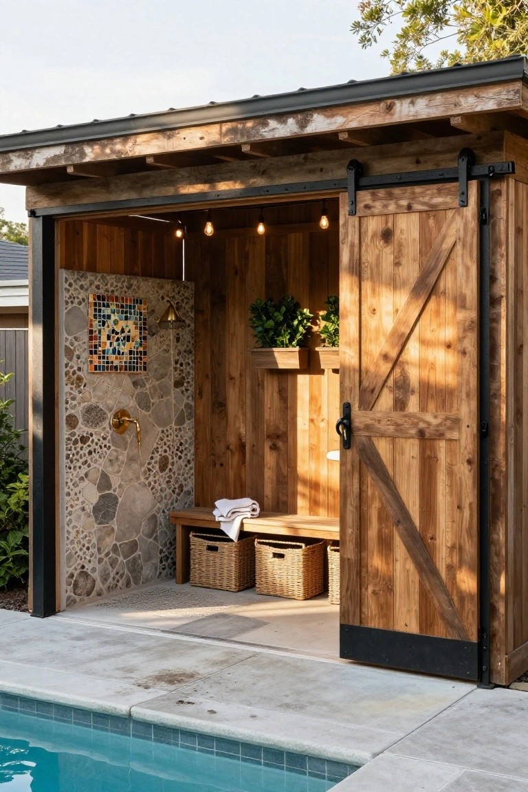Open-sided wooden structure with stone shower wall, brass faucet, bench, baskets, and plants next to a pool deck.