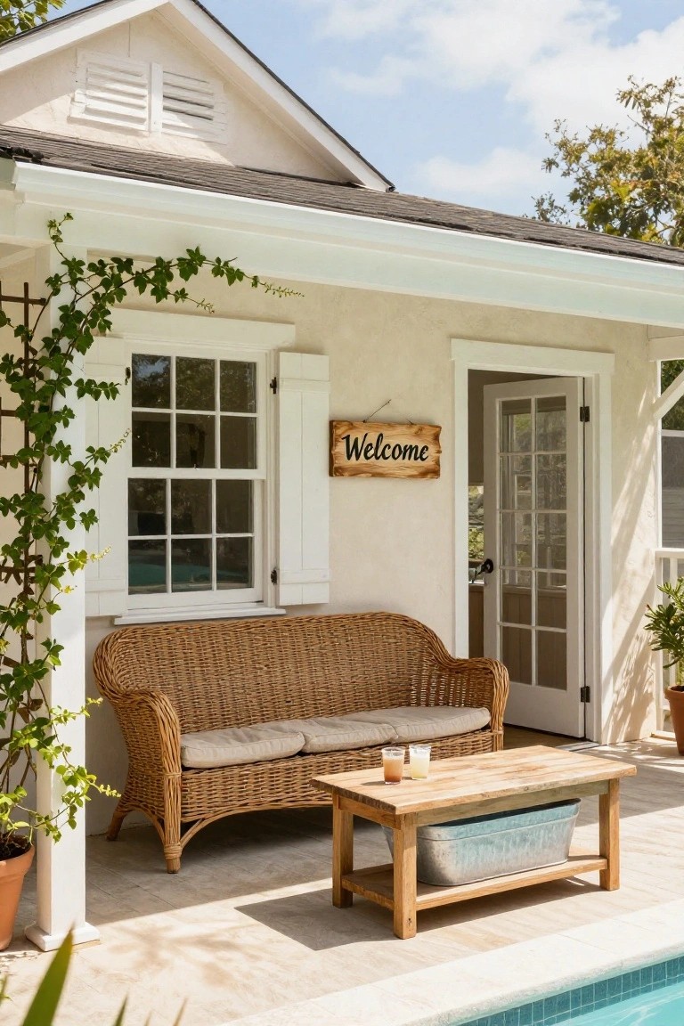 Beige stucco pool house exterior with white shutters and door, wicker sofa, wooden coffee table with drinks and metal tub, climbing vines, potted plants, and pool edge on tiled patio.