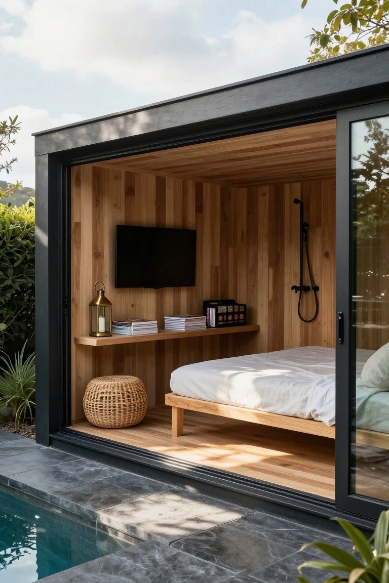 Small pool house interior with vertical wood paneling, platform bed with white sheets, wall-mounted black shower, TV, shelves with books and lantern, open sliding glass door to pool on dark stone patio surrounded by plants.