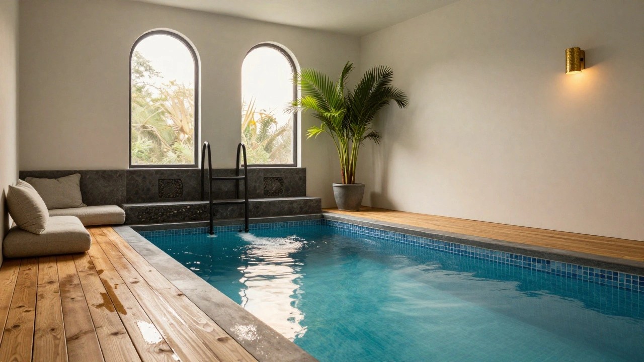 Rectangular indoor lap pool with turquoise mosaic tiles and stainless steel edges, surrounded by light wood decking in a white room with arched windows, potted palms, a ladder, and a concrete bench.