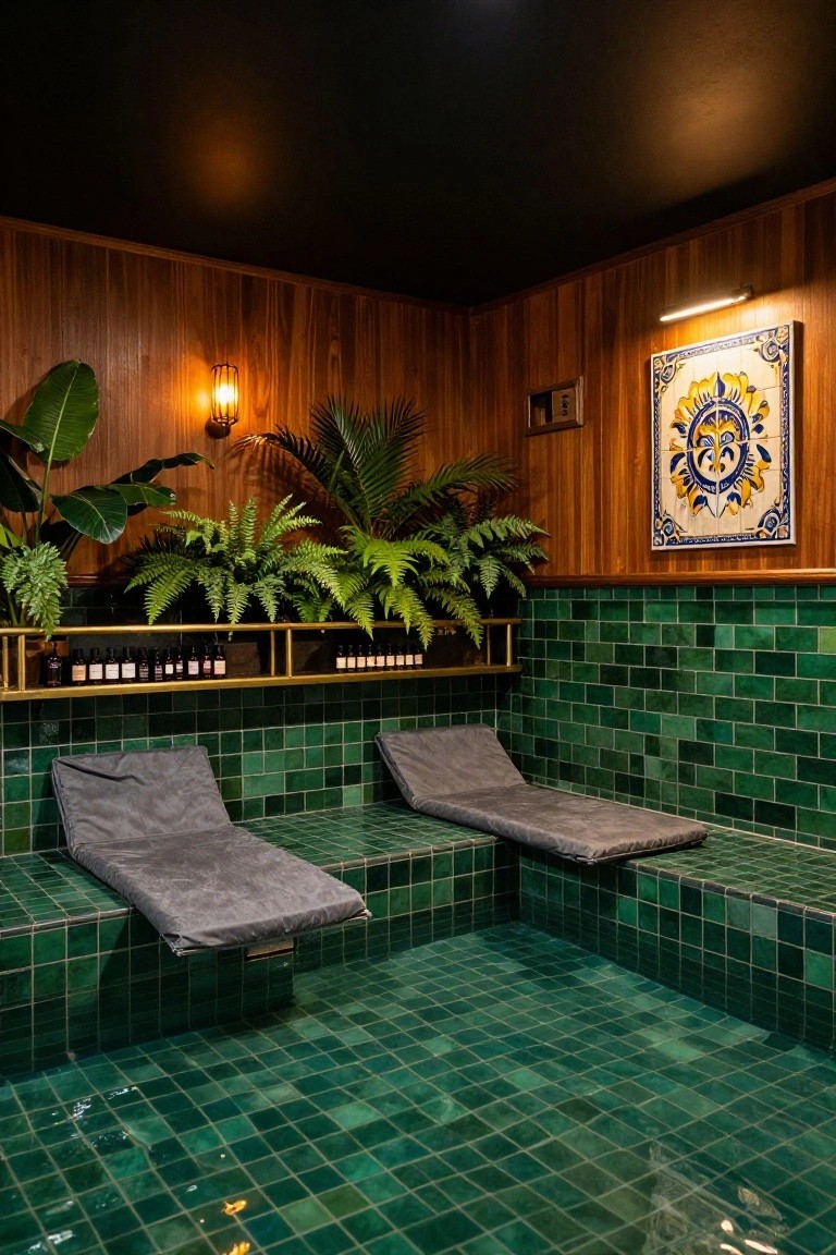 Compact indoor pool room with emerald green mosaic tiles on walls and floor, two built-in gray fabric loungers along the edge, wooden paneling, potted ferns and palms, gold shelf of bottles, and decorative blue tile artwork.