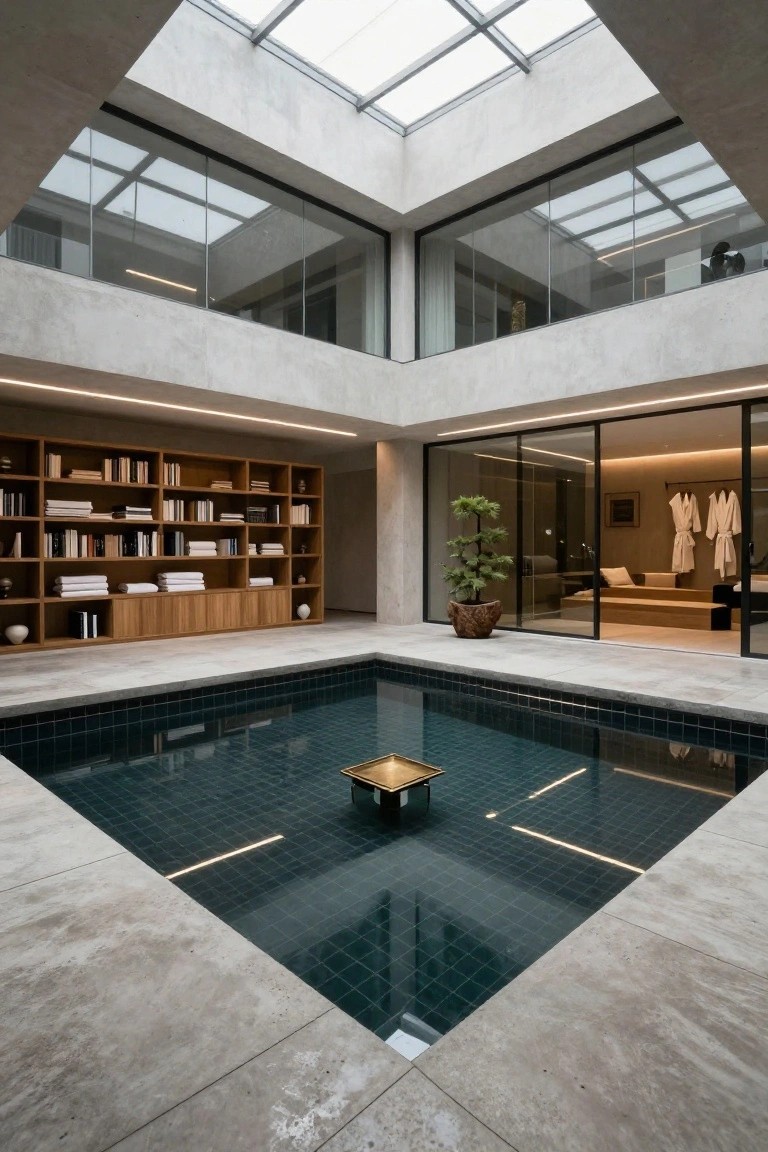 Multi-level concrete atrium with central dark-tiled rectangular pool containing a golden square sculpture, wooden bookshelves filled with books and towels on one side, glass doors opening to a spa area with hanging white robes, and large skylight overhead.