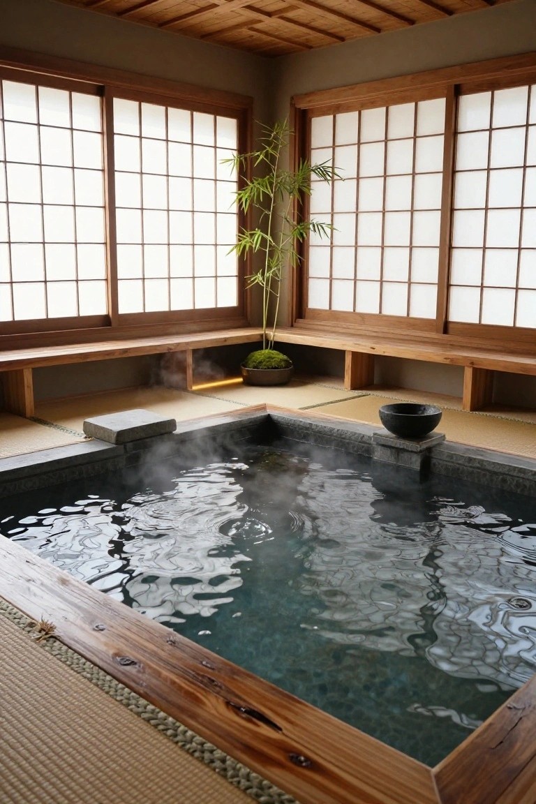 Square indoor soaking tub with wooden frame and dark stone lining filled with steaming water, surrounded by tatami mats, wooden benches, shoji screens, and a potted bamboo plant in a traditional Japanese-style room.