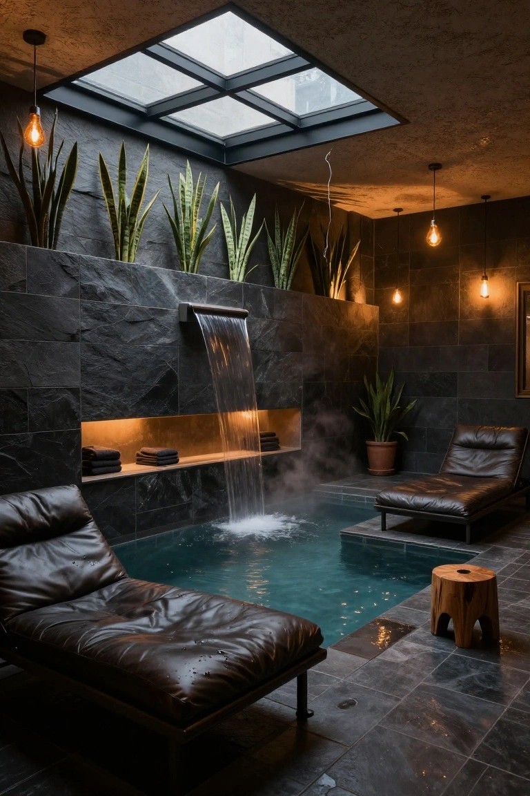 Small turquoise indoor plunge pool with water cascading from a dark stone wall feature, flanked by black leather lounge chairs, potted snake plants, towels on a lit niche, and warm pendant lights under a skylight in a slate-tiled room.