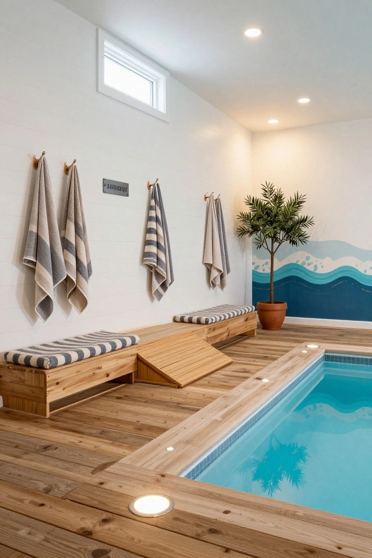 Indoor turquoise pool edged with light wood decking, benches with striped cushions, hanging towels on wall hooks, potted palm tree, and wave mural on white shiplap walls.