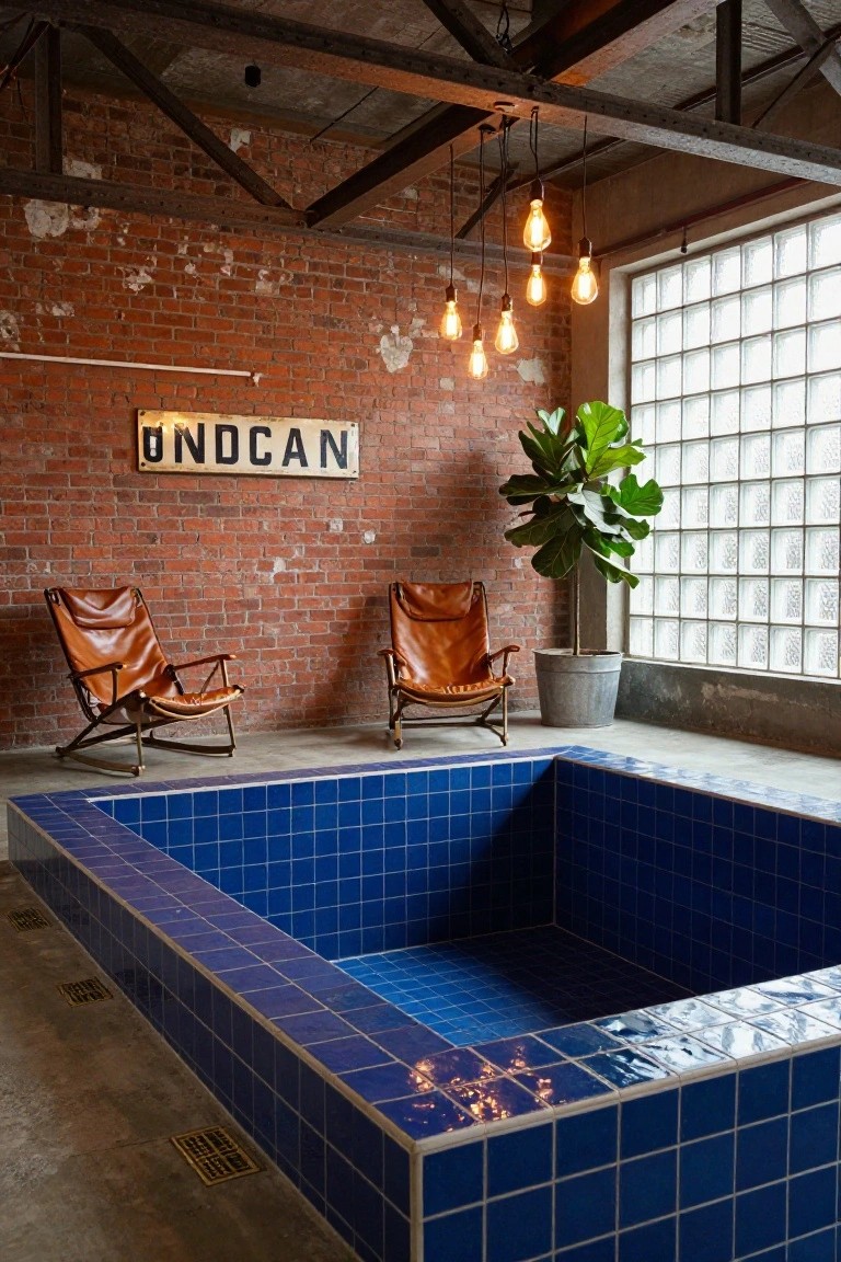 Indoor industrial-style room with exposed brick walls, concrete floor, small rectangular blue-tiled pool, two tan leather rocking chairs, potted fiddle leaf fig plant, vintage metal sign, hanging Edison bulb lights, and frosted glass block window.