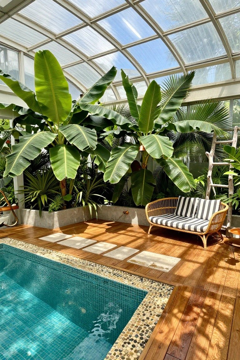 Indoor pool with turquoise mosaic tiles and pebble edging on a wooden deck, surrounded by large banana plants and other tropical greenery under a curved glass roof, with a black-and-white striped rattan loveseat nearby.