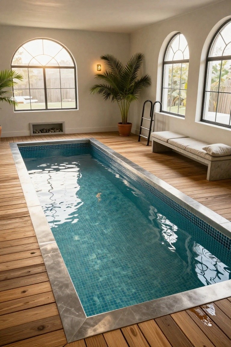 Rectangular indoor lap pool with turquoise mosaic tiles and stainless steel edges, surrounded by light wood decking in a white room with arched windows, potted palms, a ladder, and a concrete bench.