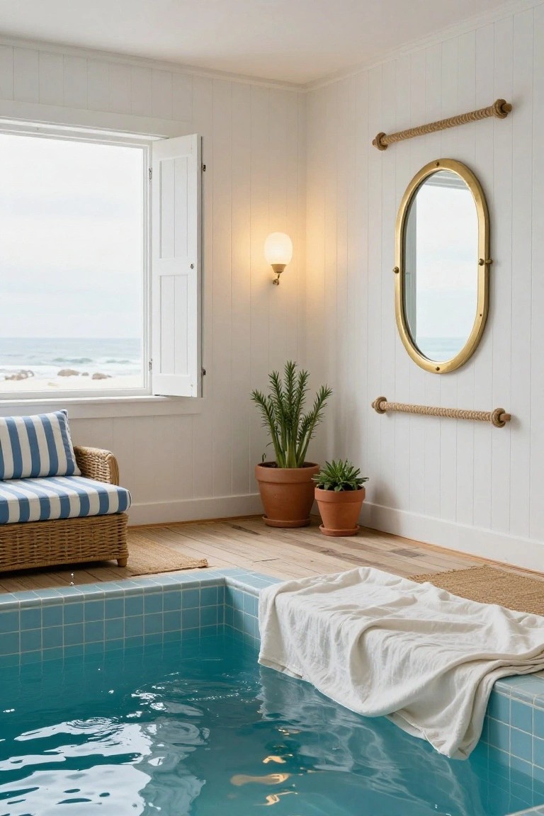White shiplap interior room with turquoise tiled indoor pool, draped white towel, blue striped rattan chair, potted plants, rope towel rails, brass oval mirror, wall lamp, and open window showing ocean view.