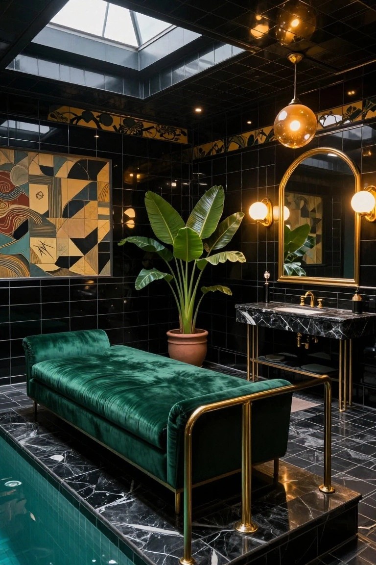 Black-tiled indoor room with turquoise pool edge, green velvet chaise lounge on marble platform with gold rails, potted banana plant, marble vanity sink with gold faucet, gold mirror, and abstract artworks on walls.