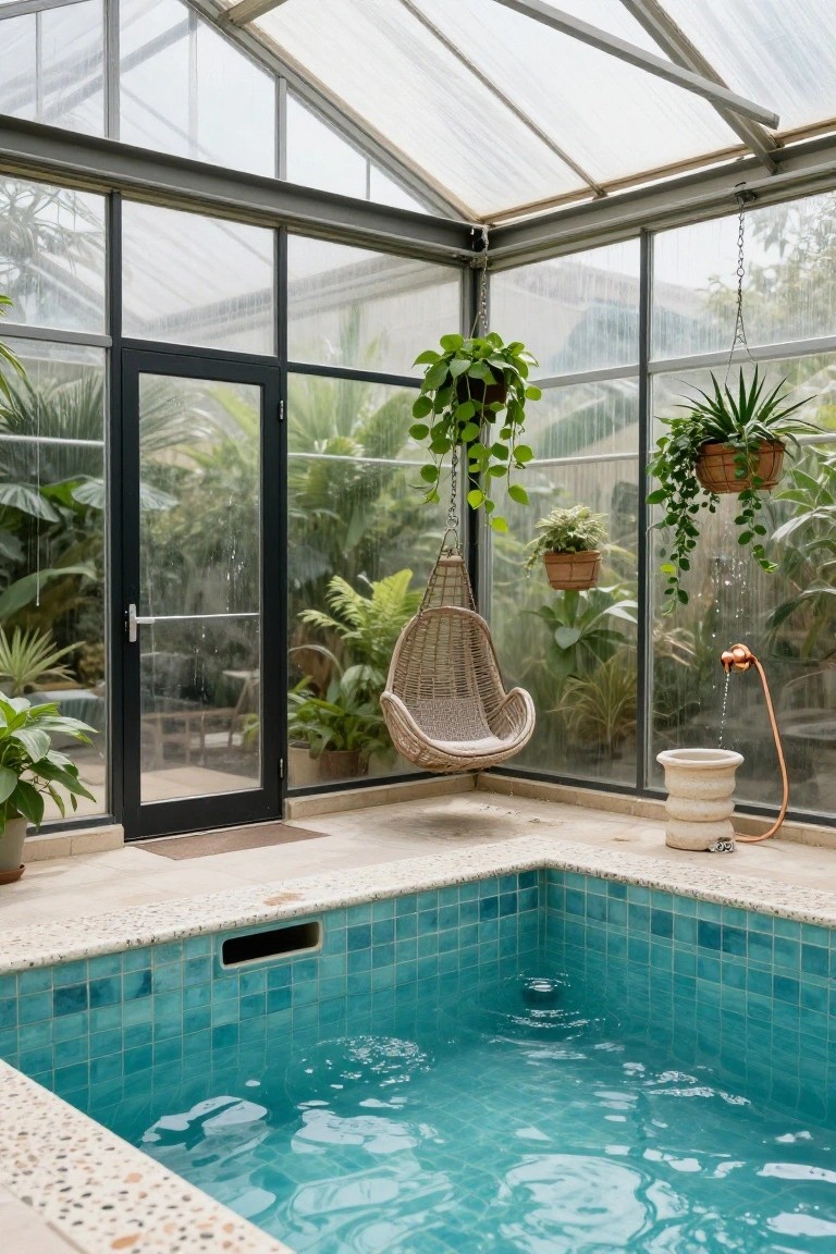 A small turquoise-tiled indoor pool sits in the corner of a glass conservatory filled with potted and hanging tropical plants, including a wicker hanging swing chair near the edge.