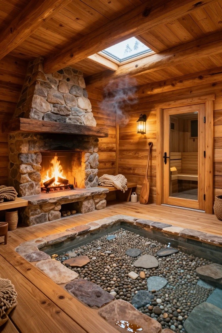 Rustic log cabin interior with wooden walls and ceiling, stone fireplace, sauna door, and sunken rectangular pool filled with shallow water over pebbles and stones.