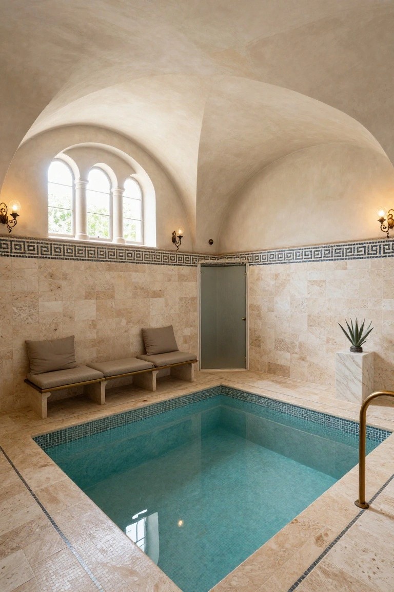 Indoor room with small rectangular turquoise mosaic pool sunken into travertine floor and surrounded by travertine walls, beige cushioned benches on a platform, potted agave plant, arched beige ceiling, triple arched window, and wall sconces.