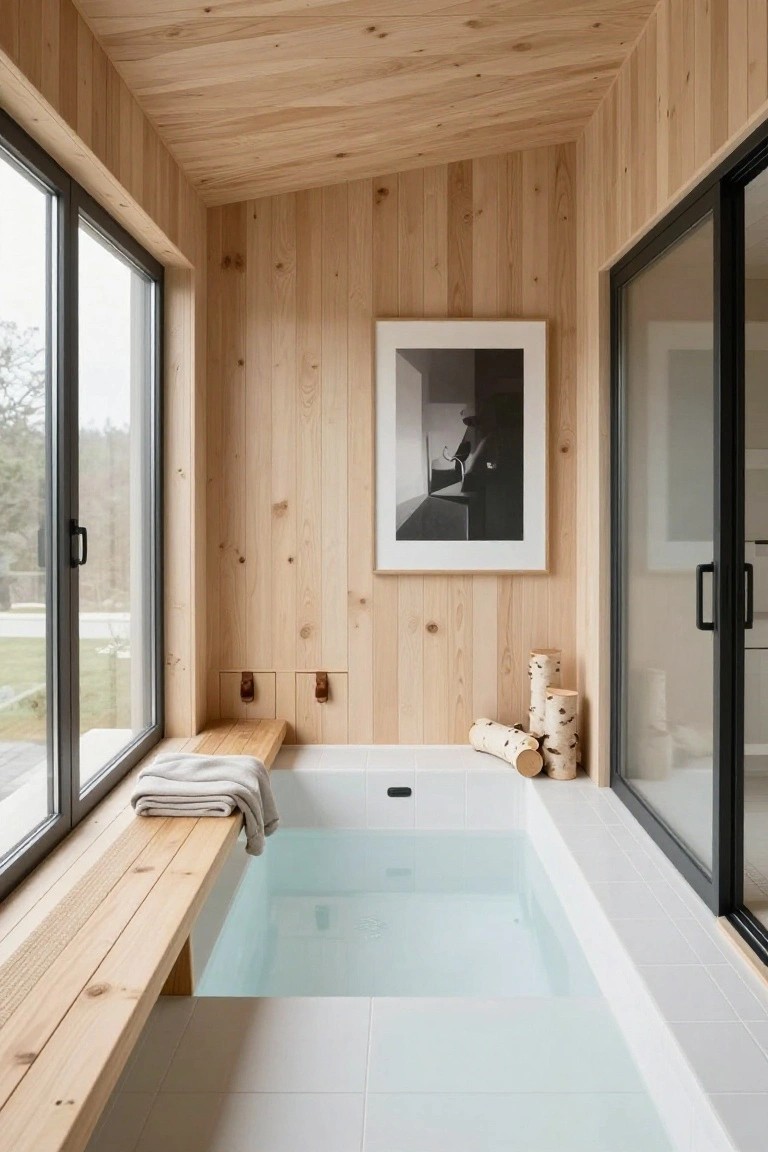 Narrow interior room with light wood vertical paneling on walls and ceiling, featuring a small sunken white bathtub filled with pale blue water, wooden bench with folded towel, stacked birch logs, framed black-and-white photo, and large sliding glass doors on two sides overlooking trees and grass.