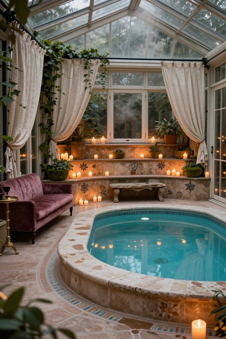 Glass conservatory room featuring a small turquoise hot tub edged by tiled stone steps lined with lit candles, surrounded by potted plants, draped curtains, and a maroon velvet sofa.